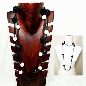Long Necklace 56” Black White Hand Crafted Sequin Balls Organza Cord Slip-on